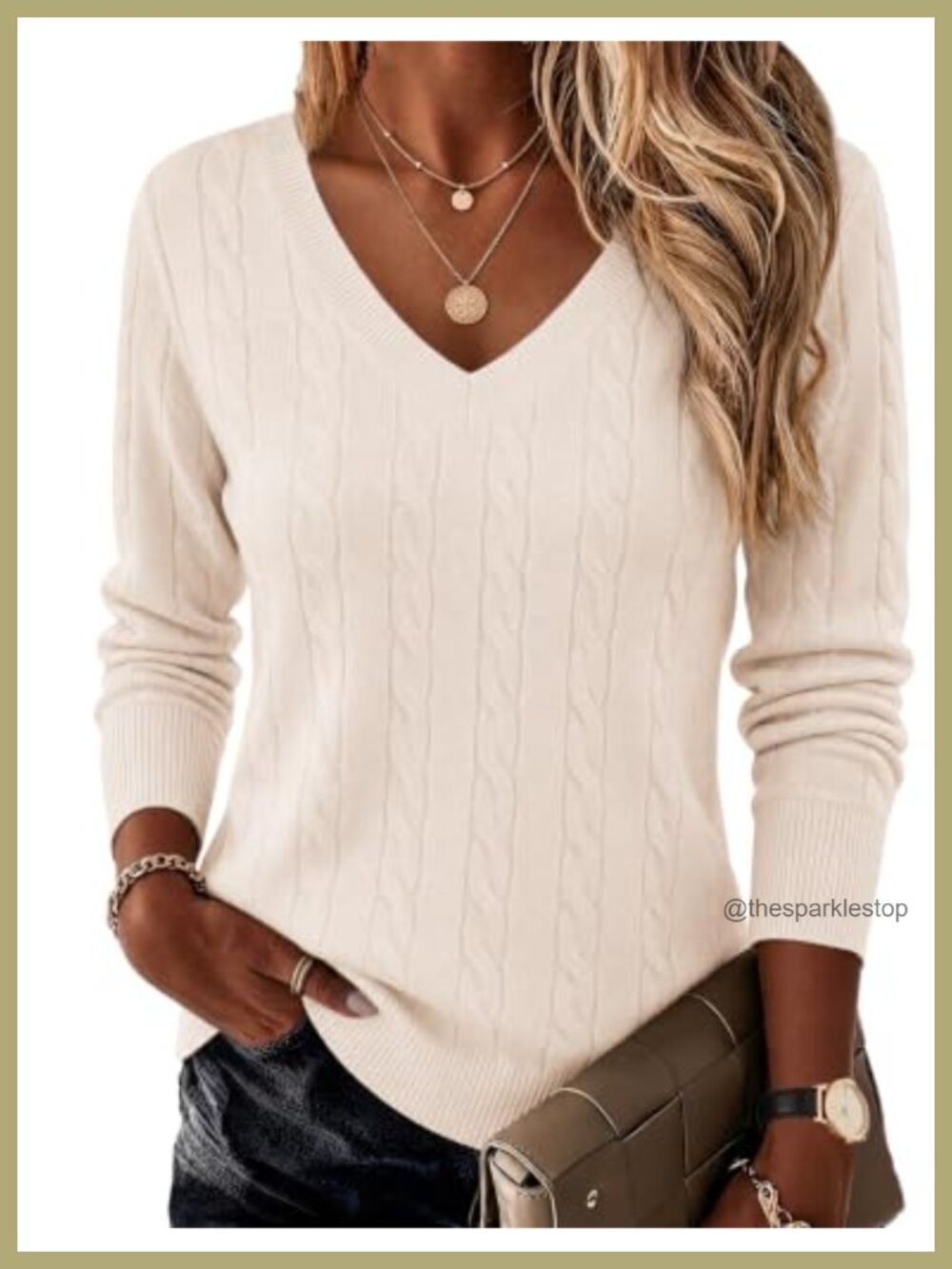 Ekouaer Cable Knit V Neck Long Sleeve Pullover Sweater